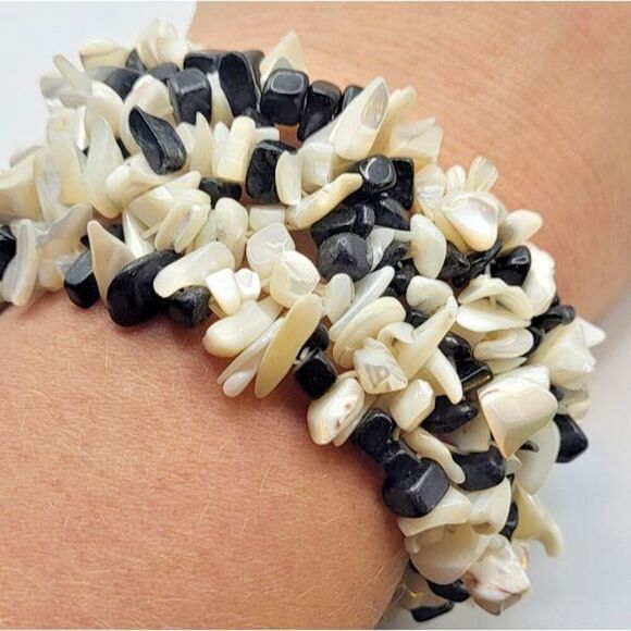 Bohemian Chunky Bold Abalone Shell Onyx Bracelet 7in - Picture 1 of 3